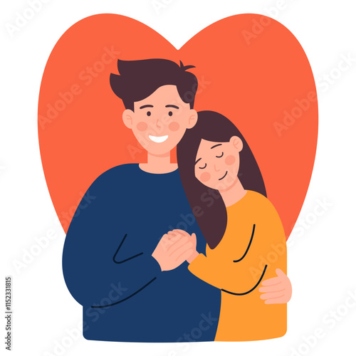 Loving couple embracing in front of a heart shape. Romantic illustration for Valentine's day and relationships themes. Flat vector isolated.