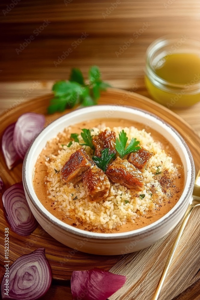 Plato tradicional servido en un bol de cerámica rústica con arroz y carne Plato tradicional servido en un bol de cerámica rústica con arroz y carne