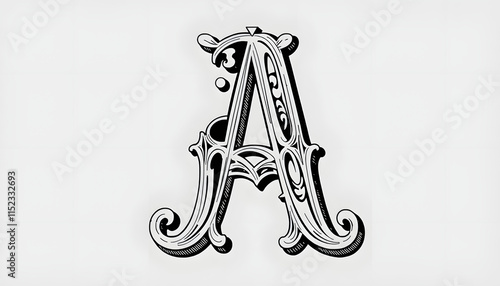 vintage letter a illustration in black and white ornate typography font lettering abc, hand-drawn digital illustration