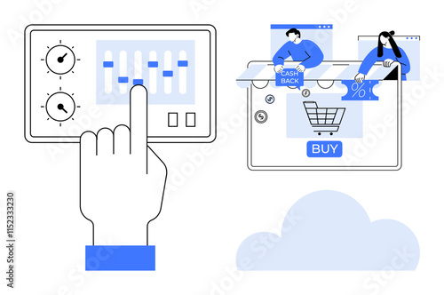 Hand adjusting control panel ecommerce activities on screen featuring cash back, discount percentages, and shopping cart button. Ideal for ecommerce, technology, user control, marketing, sales
