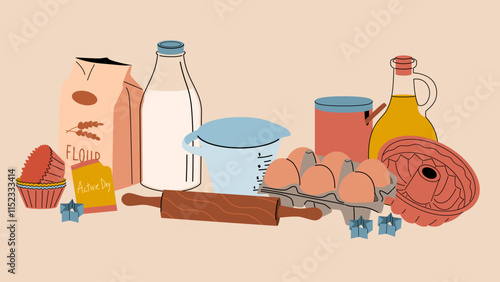Baking ingredients are milk, flour, butter, dishes, eggs. Making cakes and cupcakes.