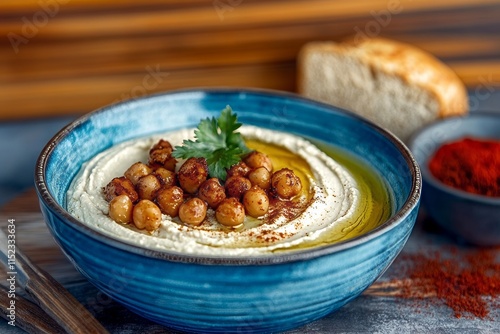 Deliciosa vista cenital de un plato de hummus con garbanzos y un toque de aceite de oliva photo