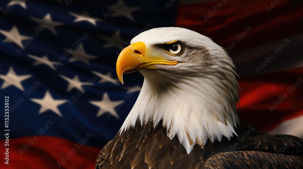 Naklejka premium Eagle-Headed Eagle Perched Above American Flag