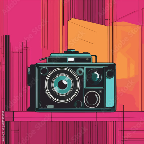 CCTV, live, action, video, web camera. Retro cam on a colored background. 