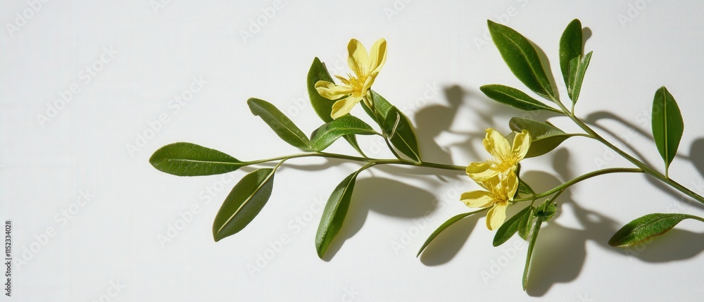 a sprig of yellow flowers and green leaves on a white background a sprig of yellow flowers and green leaves on a white background