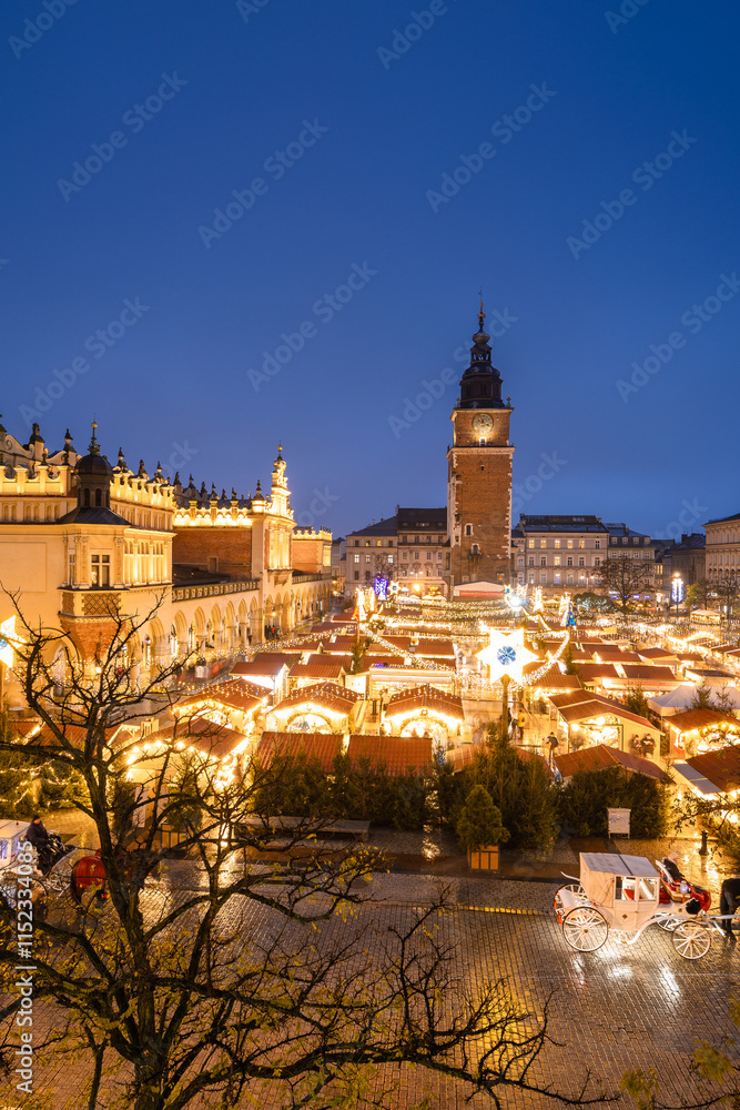 View of the Krakow Christmas Market 2024 and the historic Old Town Square, beautifully illuminated with festive lights and vibrant holiday atmosphere.