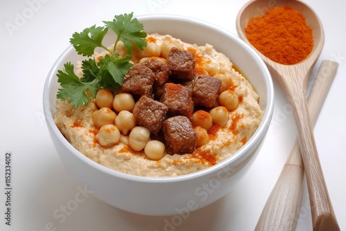 Laham Bil Hummus, un plato tradicional lleno de sabor y textura generosa, ideal para disfrutar en cualquier ocasión photo