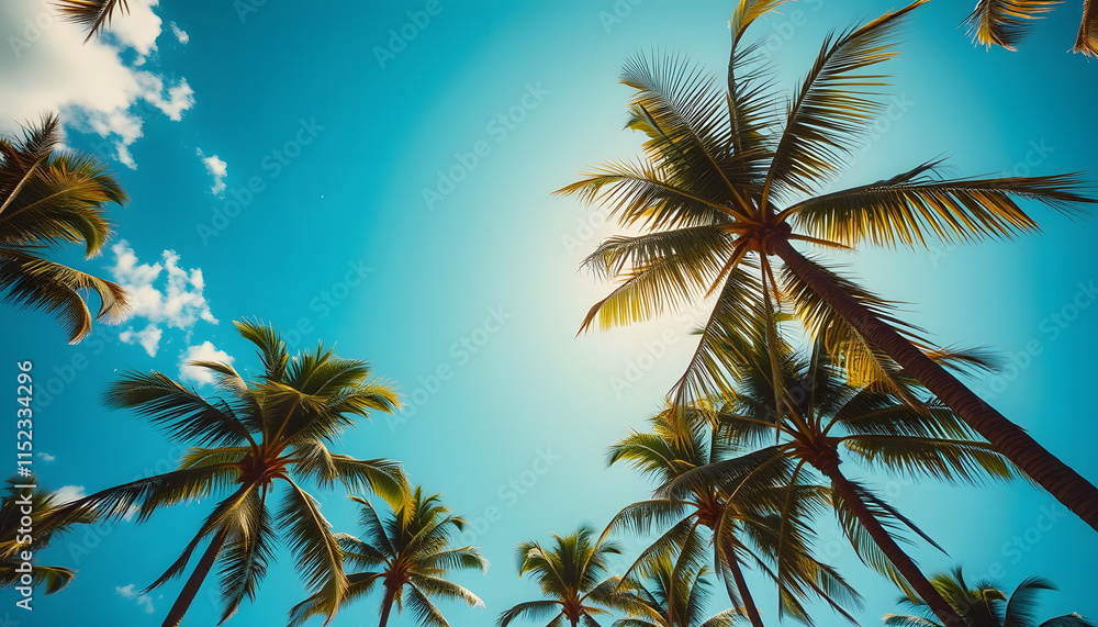 Fototapeta premium Looking up at blue sky and palm trees, view from below, vintage style, tropical beach and summer background, travel concept, Backlit, with white tones