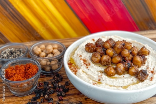 Laham Bil Hummus un delicioso estofado servido en un tazón con especias y garbanzos photo