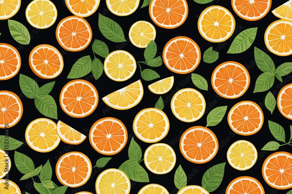 there are many slices of oranges and leaves on a black background there are many slices of oranges and leaves on a black background