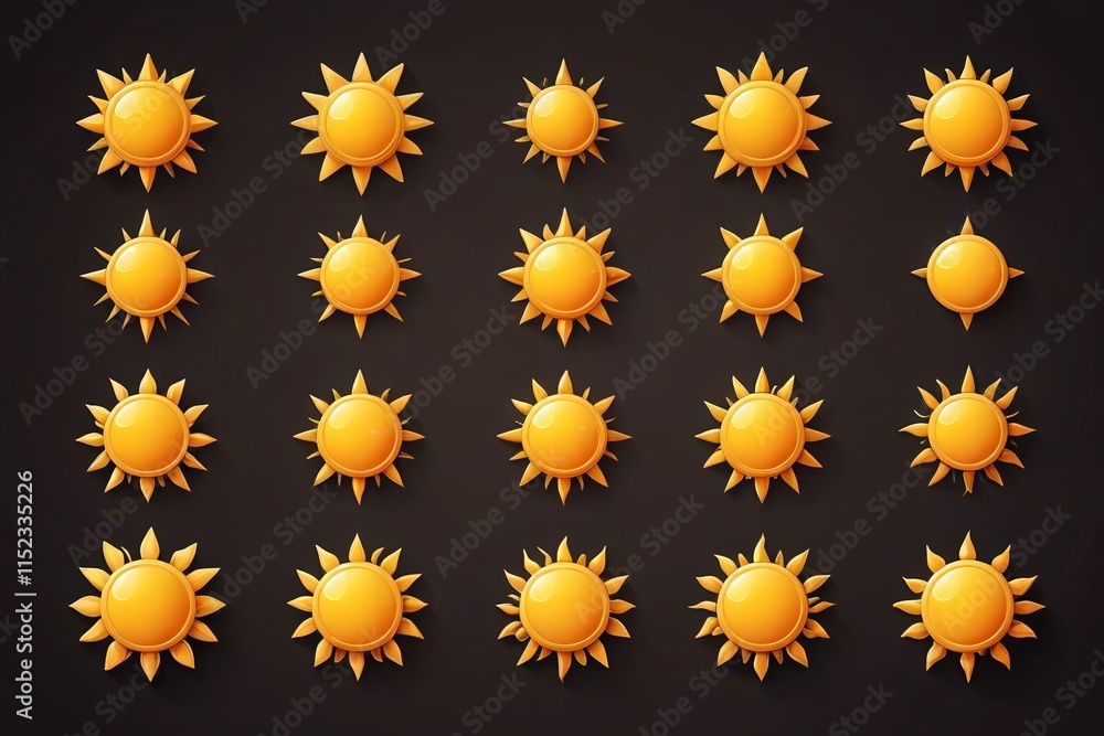 a set of nine golden sun icons on a black background a set of nine golden sun icons on a black background