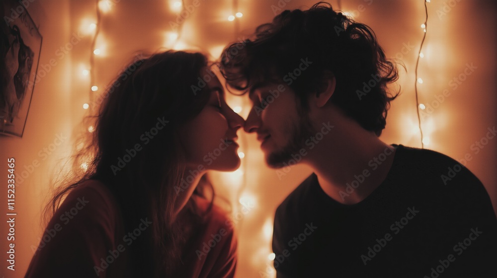Young caucasian couple sharing intimate moment in warm fairy light ambiance Young caucasian couple sharing intimate moment in warm fairy light ambiance
