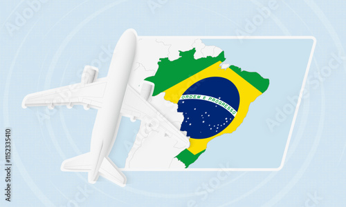 Brazil Travel Illustration with Plane and National Flag. Airplane Flying Over Brazil Map.