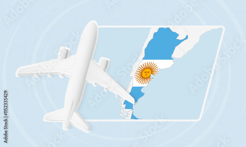 Argentina Travel Illustration with Plane and National Flag. Airplane Flying Over Argentina Map.