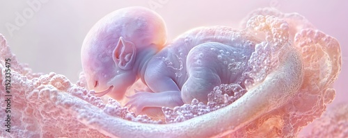 A developing embryo showing the creation of gill arches and pharyngeal pouches in pastel hues. photo