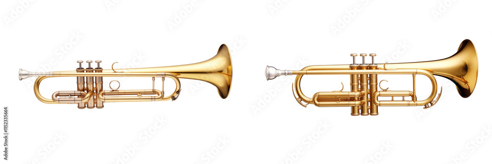Fototapeta premium Set of a realistic golden trumpet, isolated on transparent background.