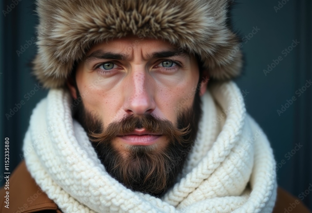 A man with a beard and mustache wearing a fur hat and a white scarf. A man with a beard and mustache wearing a fur hat and a white scarf.