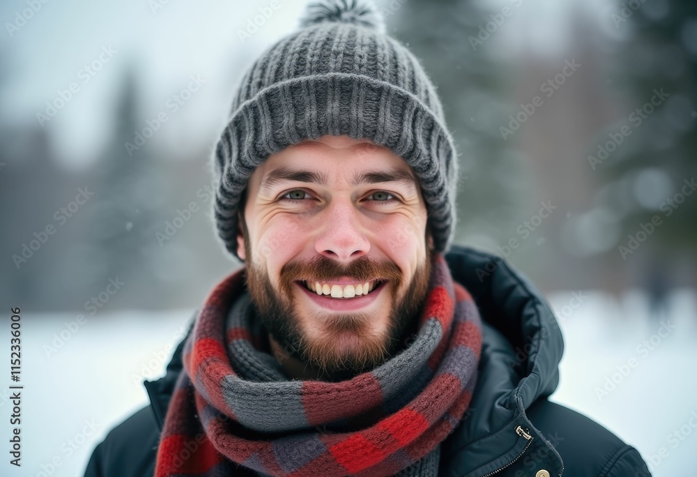 Fototapeta premium A man with a beard smiles warmly in a winter setting.