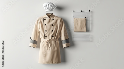 Neutral sand-colored chef uniform mockup featuring clear toque and coatee for visuals photo