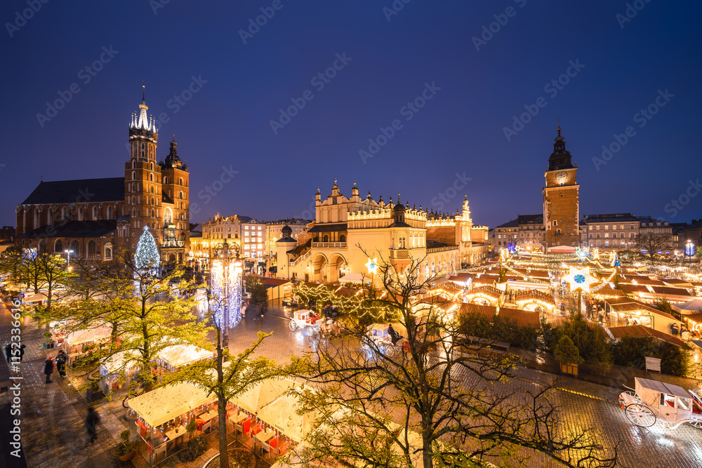 View of the Krakow Christmas Market 2024 and the historic Old Town Square, beautifully illuminated with festive lights and vibrant holiday atmosphere.