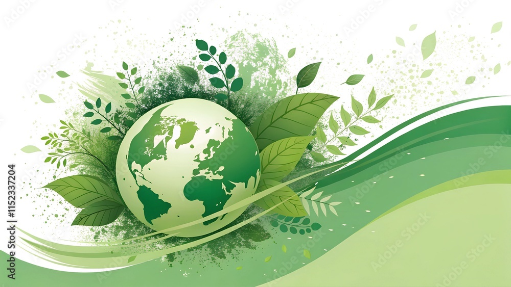 Stylized green Earth surrounded by leaves and plants with copy space for eco-friendly messages Stylized green Earth surrounded by leaves and plants with copy space for eco-friendly messages