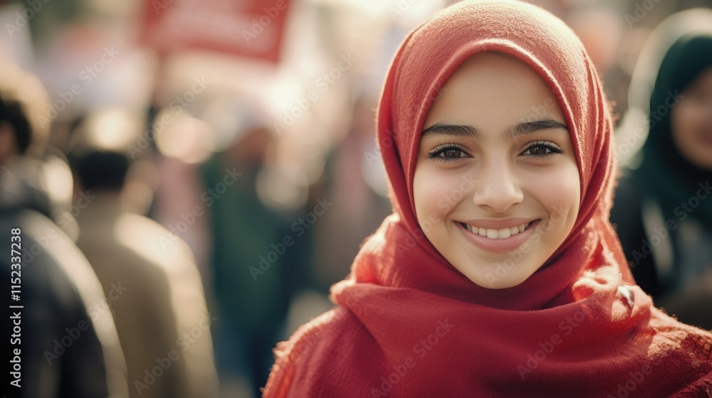 Smiling Woman in Red Hijab at Rally Smiling Woman in Red Hijab at Rally