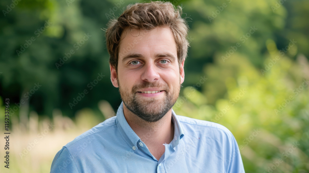 Smiling man with short brown hair in light blue shirt standing outdoors surrounded by natural greenery during daytime with bright sunlight filtering through leaves Smiling man with short brown hair in light blue shirt standing outdoors surrounded by natural greenery during daytime with bright sunlight filtering through leaves