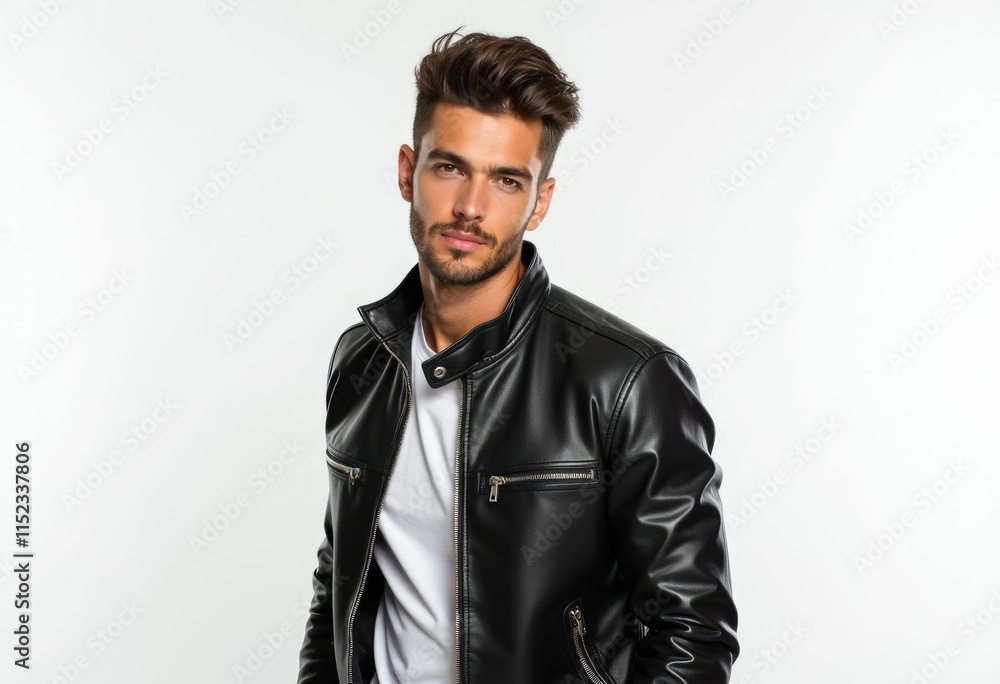Obraz premium A man with a short beard wearing a black leather jacket looking straight ahead.