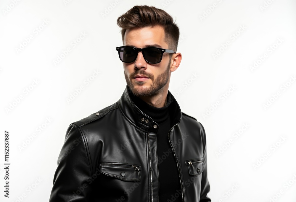 A young man in a black leather jacket and sunglasses looks to the side. A young man in a black leather jacket and sunglasses looks to the side.