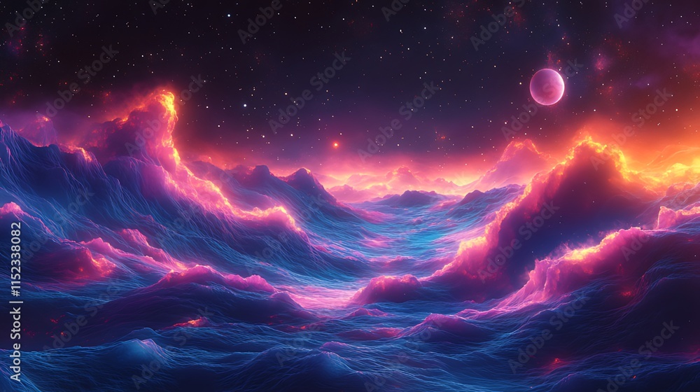 Fiery, alien landscape with glowing mountains and a celestial body in a vibrant, cosmic scene. Fiery, alien landscape with glowing mountains and a celestial body in a vibrant, cosmic scene.