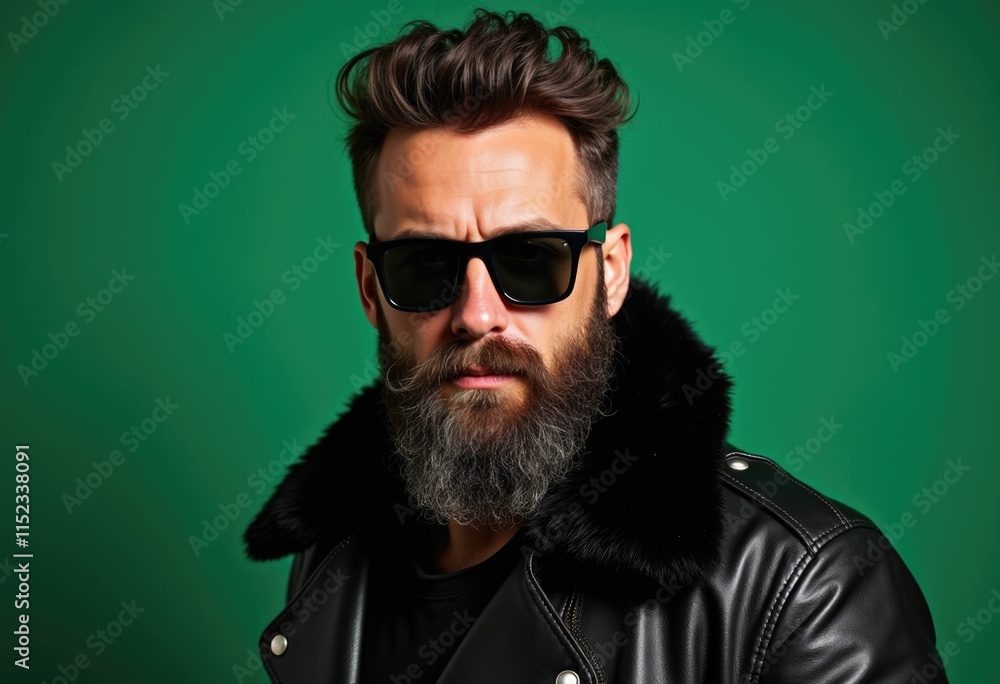 Obraz premium Man with a beard and sunglasses in a leather jacket.