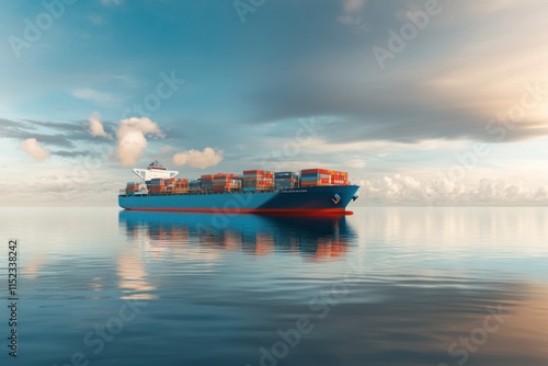 A large cargo ship is navigating through tranquil sea waters with a clear blue sky above. Banner with copyspace. photo