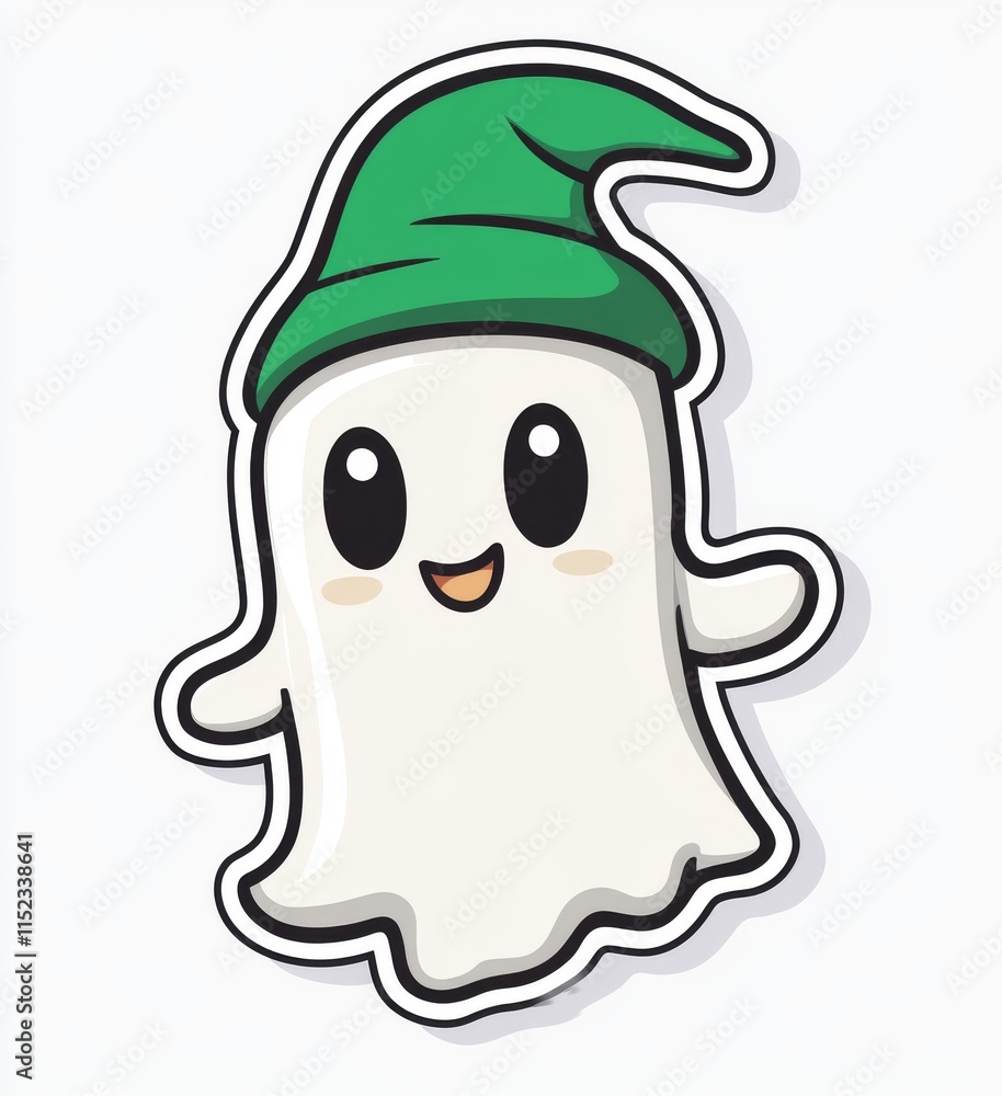 A cute cartoon ghost with an elf hat, sticker design on a transparent background, a simple vector illustration of a little happy white sheet ghost with green pointy ears and eyes floating in the air, A cute cartoon ghost with an elf hat, sticker design on a transparent background, a simple vector illustration of a little happy white sheet ghost with green pointy ears and eyes floating in the air,
