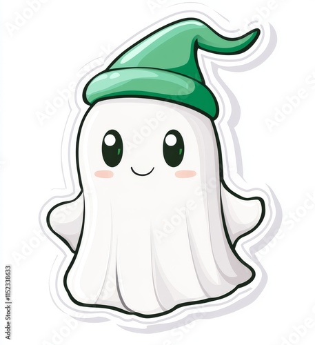 A cute cartoon ghost with an elf hat, sticker design on a transparent background, a simple vector illustration of a little happy white sheet ghost with green pointy ears and eyes floating in the air, 
