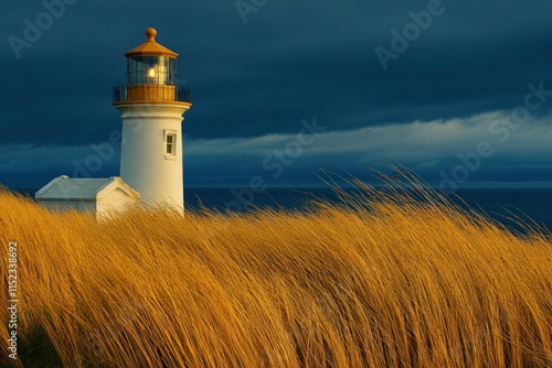 Serene Lighthouse Amidst Golden Grasses Against a Dramatic Sky on the Coastline, Evoking Tranquility and Nature's Beauty at Dusk