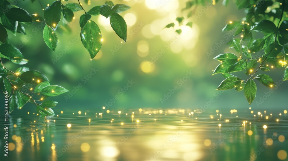 Obraz premium Serene nature scene with glowing fireflies tranquil forest close-up lush environment dreamy atmosphere