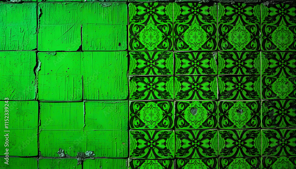 Naklejka premium Green vintage pattern on old wall, pop-art, with white tones