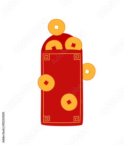 Angpao with coins isolated vector elements. Asian festive red envelope with ornament. Traditional gift money for Lunar New Year, wedding and other celebrations. Flat illustration