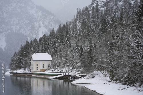 winter, schnee, berg, landschaft, see, wald, dorf