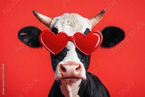 A funny cow in heart sunglasses stands out on a bright red background for Valentine's Day. Love, romance, hearts, affection,togetherness, Valentine's Day celebration concept. photo