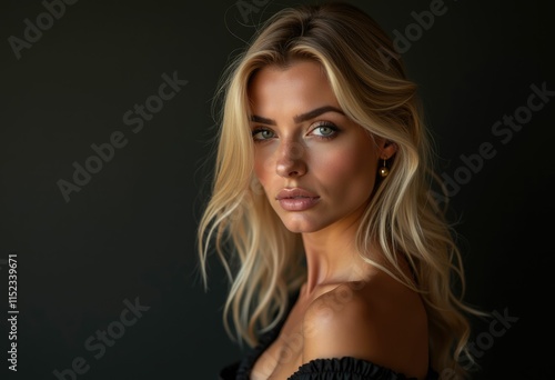 A woman with long blonde hair looks at the camera with a serious expression.
