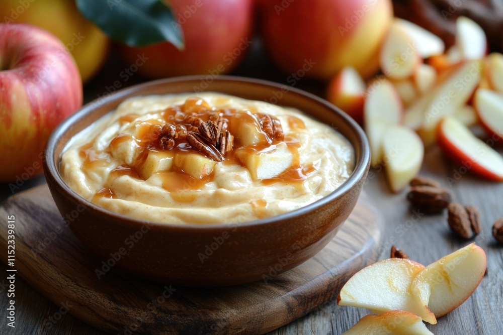 Caramel apple dip with chopped apples and nuts, lit naturally on a wooden surface Caramel apple dip with chopped apples and nuts, lit naturally on a wooden surface