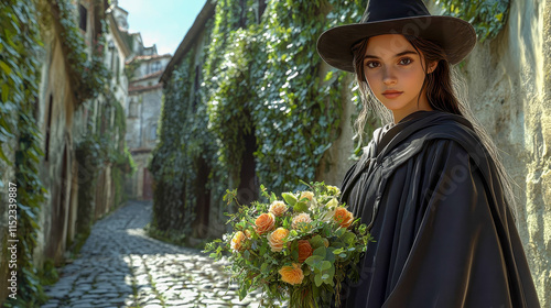 A student in a master's gown and cap, with a bouquet of fresh flowers photo