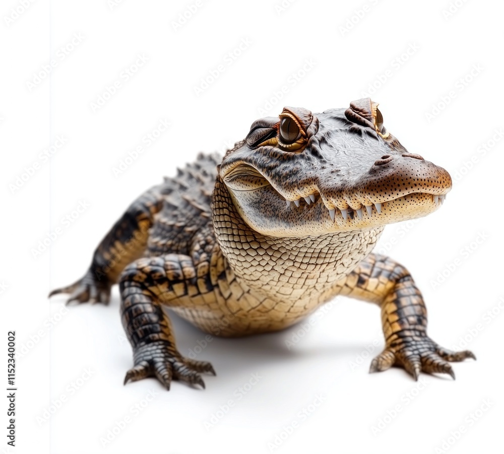 Fototapeta premium Crocodile with textured skin and distinctive features poses against a white backdrop