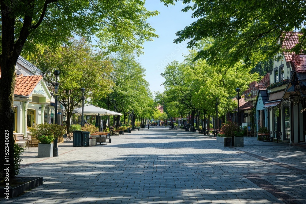 Obraz premium Tranquil Alleyway Surrounded by Lush Green Trees and Charming Shops Beneath a Bright Blue Sky in a Picturesque Outdoor Setting