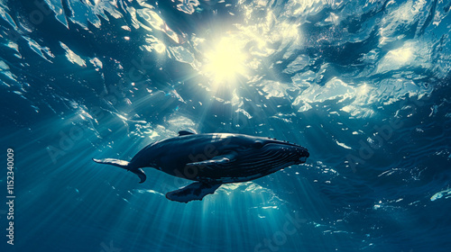  A whale swimming in the ocean with the sun shinning