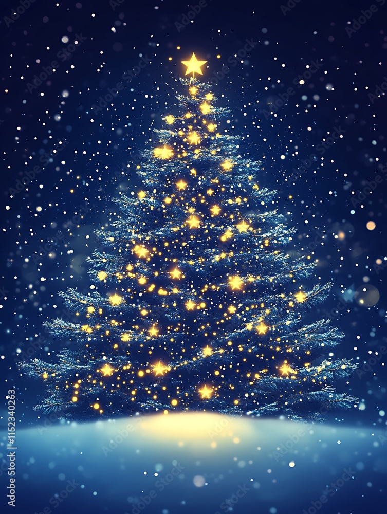 Abstract snowy Christmas tree with shimmering lights and soft snowfall under the night sky, ideal for holiday banners or winter-themed visuals Abstract snowy Christmas tree with shimmering lights and soft snowfall under the night sky, ideal for holiday banners or winter-themed visuals