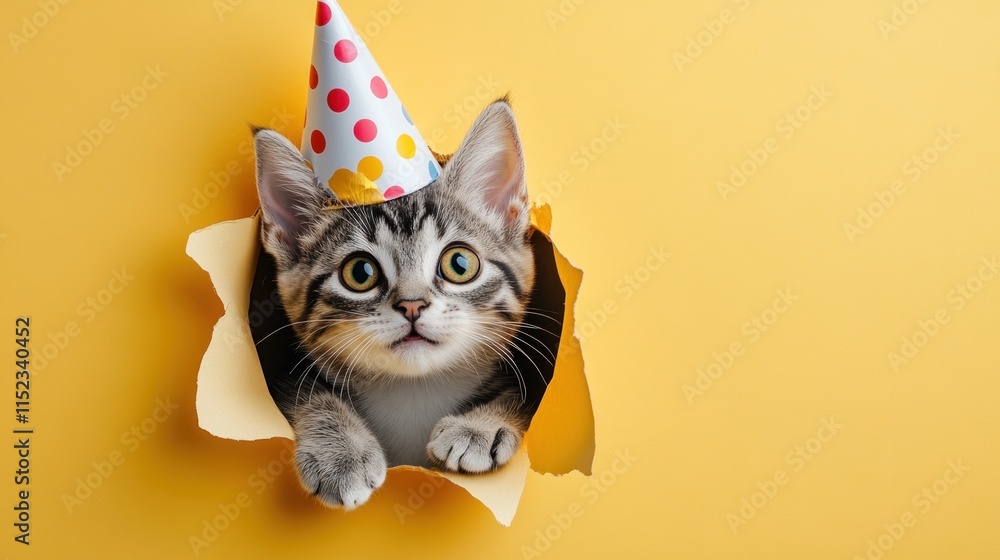 A playful kitten in a birthday hat pops out of bright yellow paper, ready to celebrate. Banner with copyspace. A playful kitten in a birthday hat pops out of bright yellow paper, ready to celebrate. Banner with copyspace.
