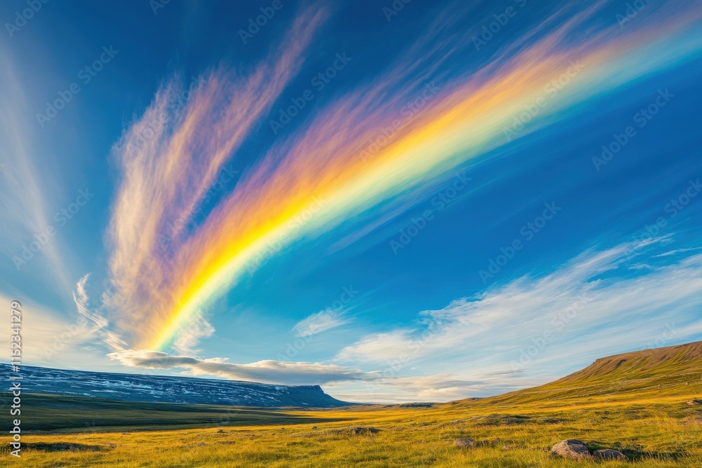 Obraz premium a vibrant rainbow arches across a blue sky over a grassy landscape
