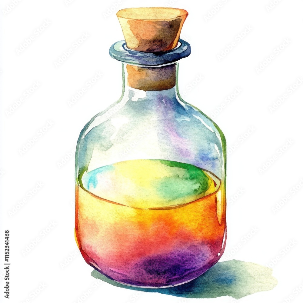 Whimsical potion bottle filled with vibrant colors, designed as a playful sticker Whimsical potion bottle filled with vibrant colors, designed as a playful sticker
